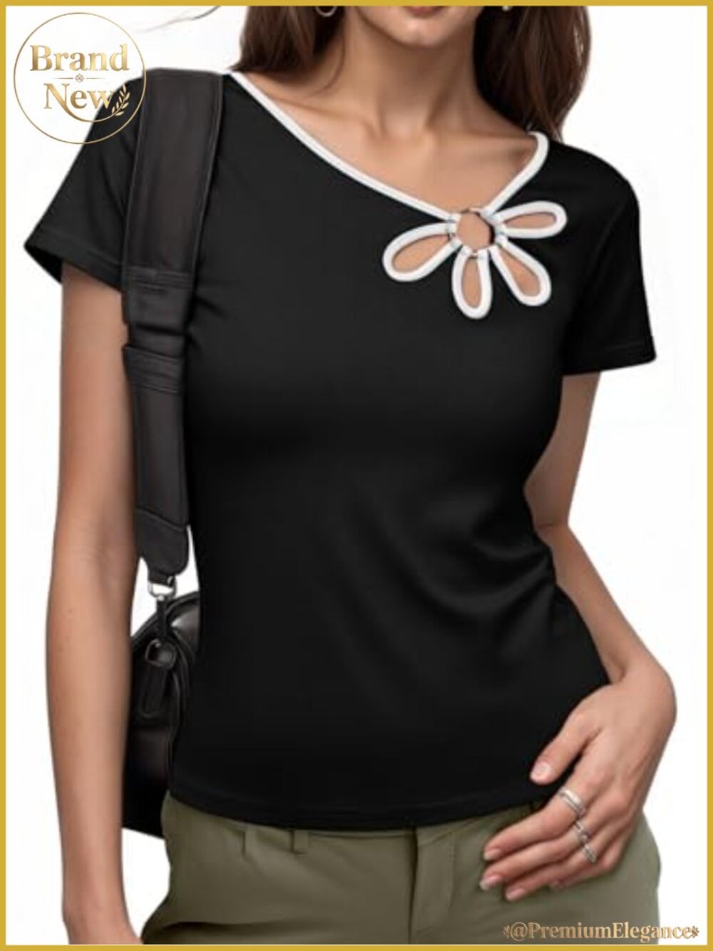 Women's Summer Short Sleeve Crew Neck Tee with 3D Floral Cutout, Stretchy Slim